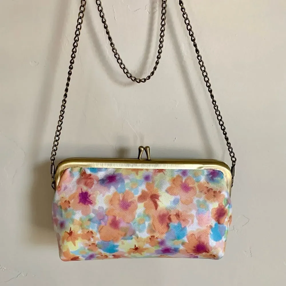 Handmade Genuine Leather Floral Print, Metal Frame Small Clutch/Cosmetic Case